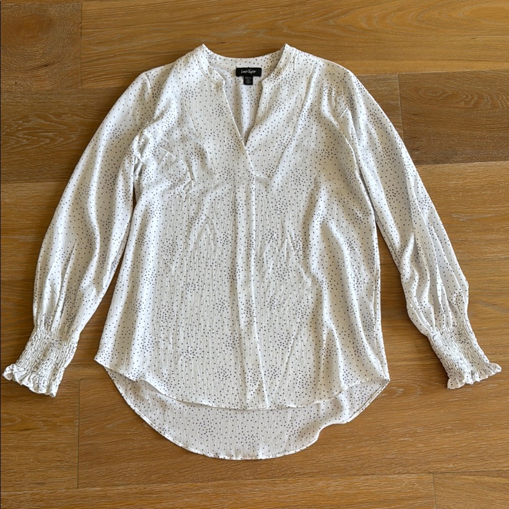 Lord & Taylor White Long Sleeve Mandarin Collar Blouse